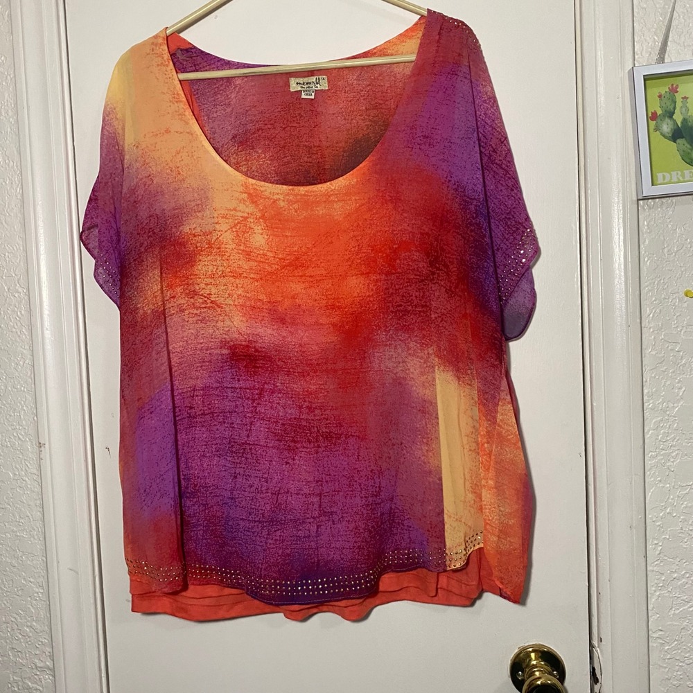 One World Women's 1X Tunic Top Orange Purple Rhinestone Embellished
